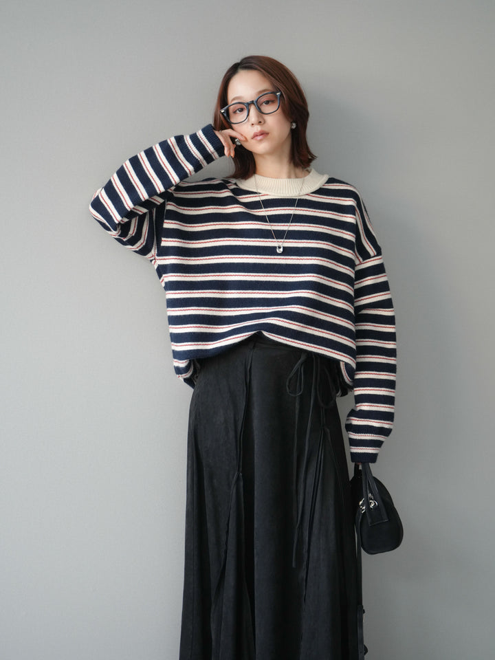 [予約]モックネックボーダーニットプルオーバー/navy