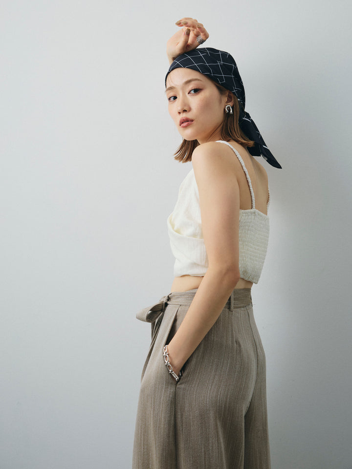 [SET]リネンライクカシュクールデザインビスチェ+リネンライクウエストリボンワイドパンツ(2set)