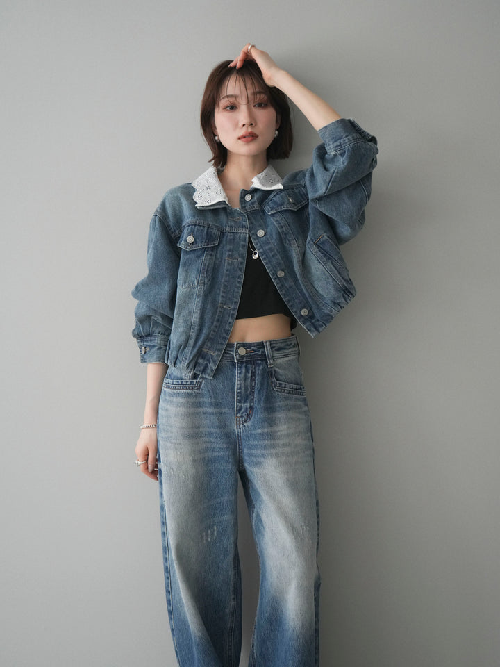 [SET]襟レースデニムショートジャケット+選べるアクセセット(2set)
