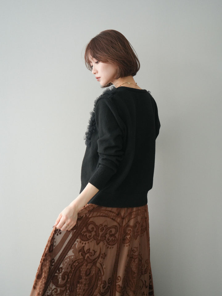 [SET]チュールフリルニットカーディガン+アンティーク柄フロッキーマキシスカート(2set)