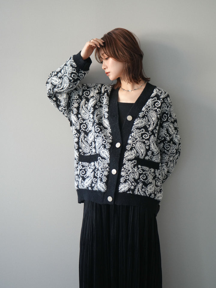 [SET]ペイズリー柄ニットカーディガン+パンチングデザインスエードプリーツスカート(2set)