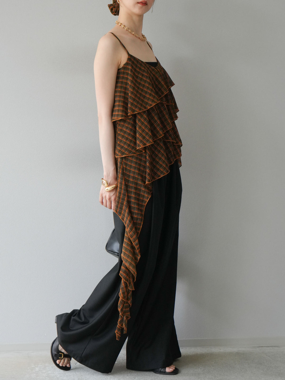 [予約]ウエスト折り返しロゴタックワイドパンツ/ブラック