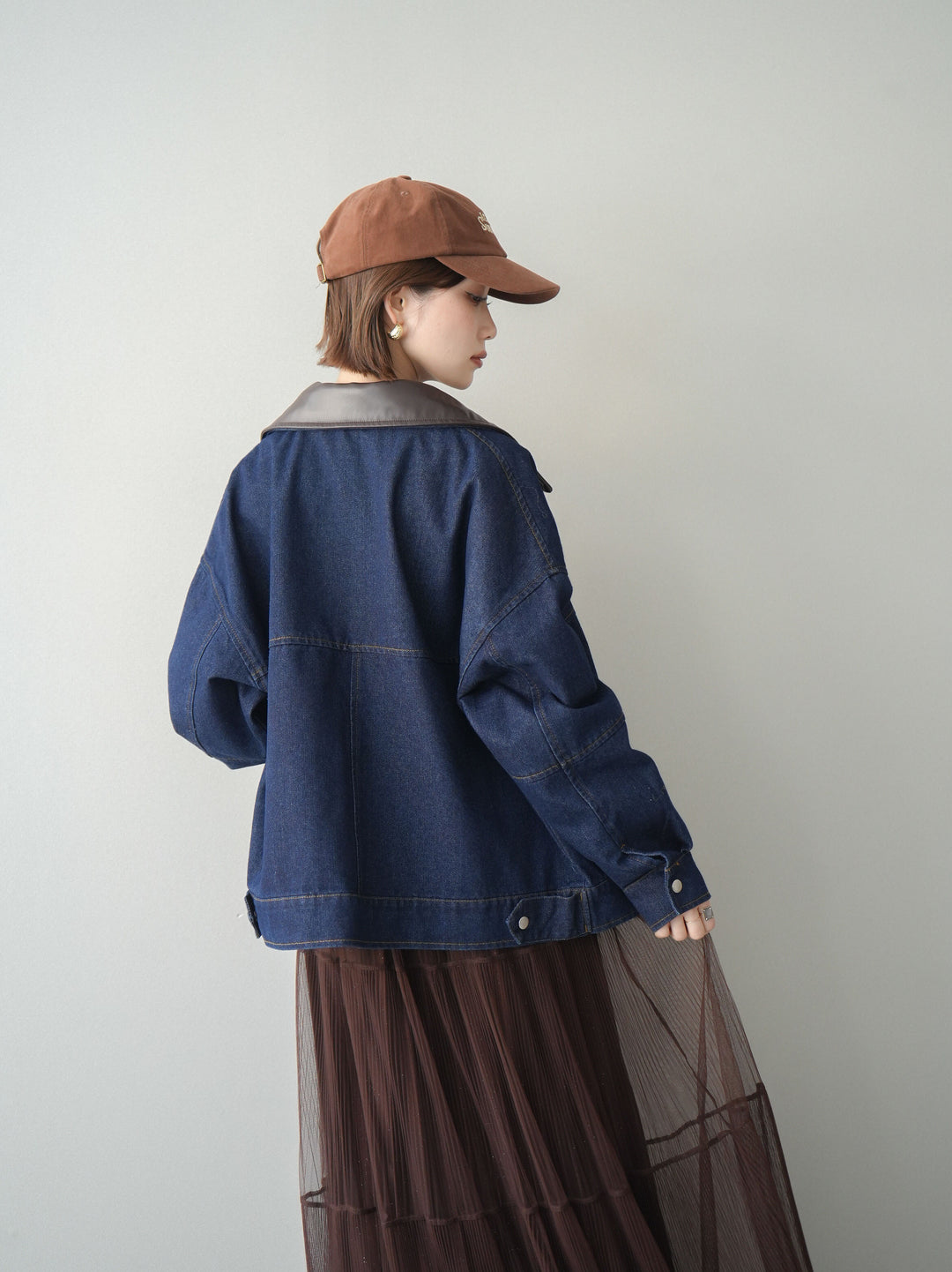 [SET]配色襟レザーデニムブルゾン+ラメプリーツレイヤードチュールロングスカート(2set)