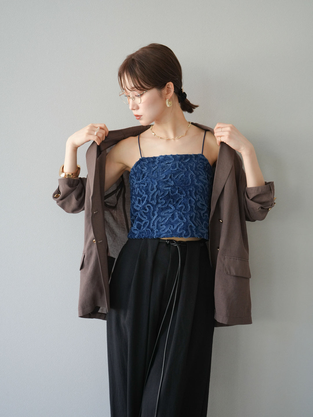 [預購] 金色紐扣透視夾克/棕色