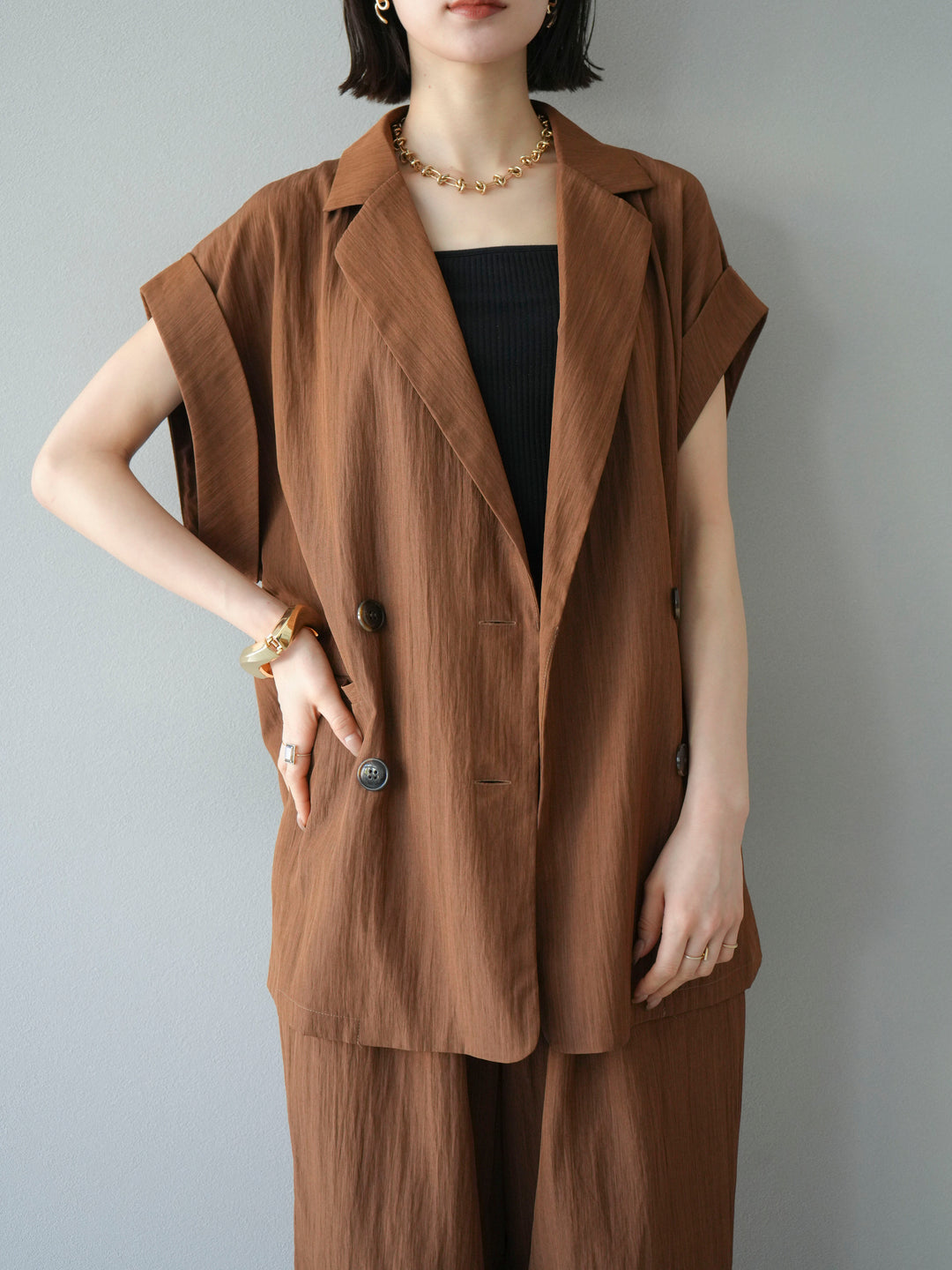 [SET]リネンライクノースリーブダブルジレ+選べるアクセセット(2set)