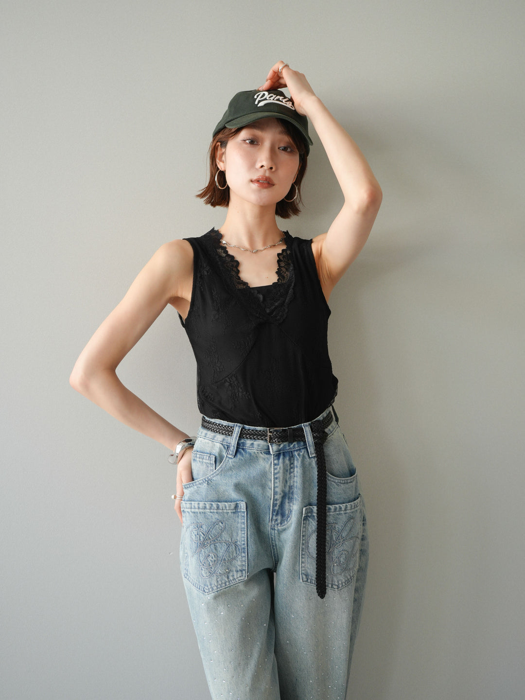 [予約]シアーストレッチレースノースリーブトップス/black