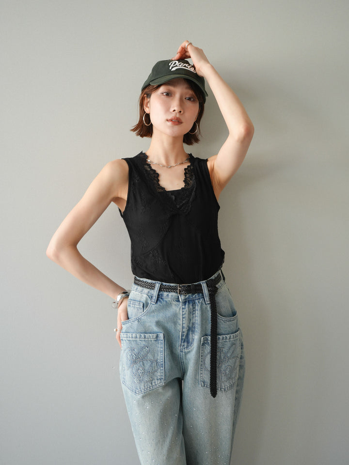 [予約]シアーストレッチレースノースリーブトップス/black