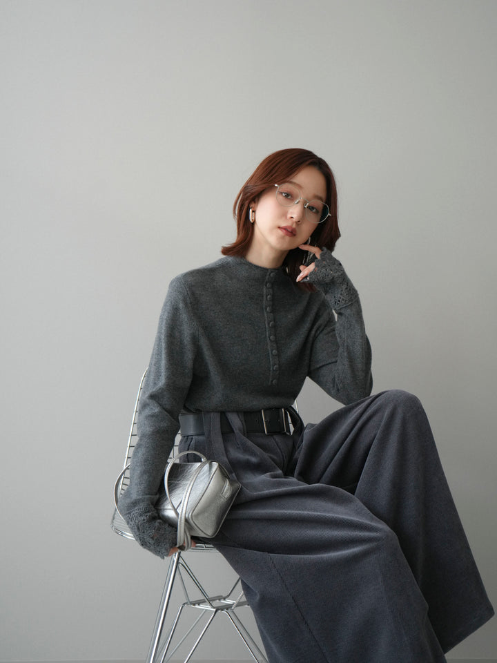 [SET]袖スカラップレースフロントボタンウールニットトップス+ベルトデザインループコールテンワイドパンツ(ベルト付き)(2set)