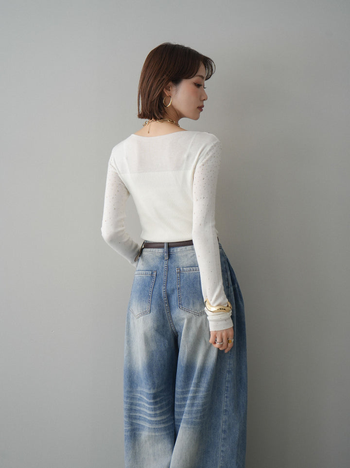 [SET]スパンコールシアーニットトップス+フロントポケットサイドタックワイドデニム(2set)