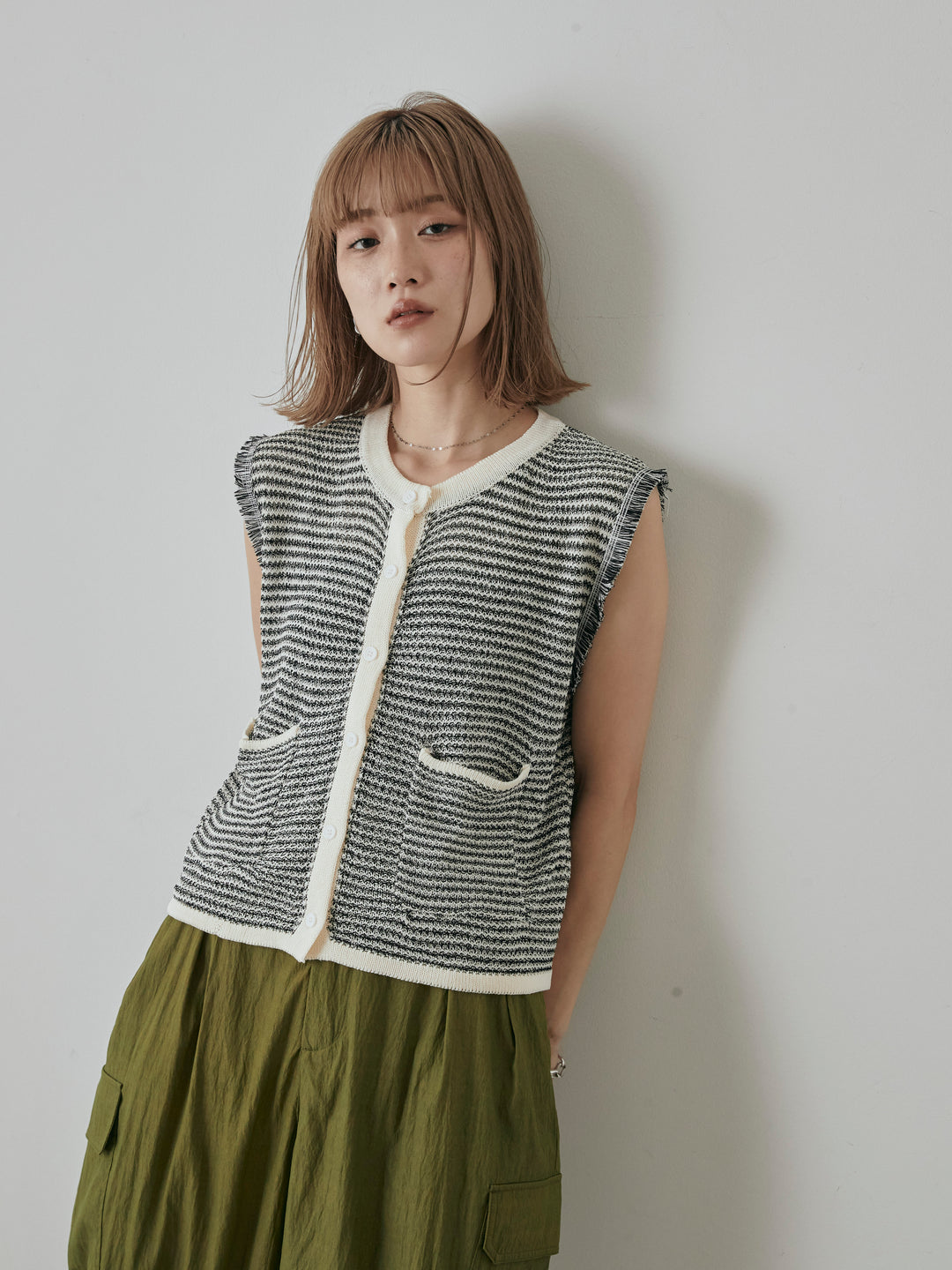 [予約]ボーダー袖フリンジニットベスト/オフ