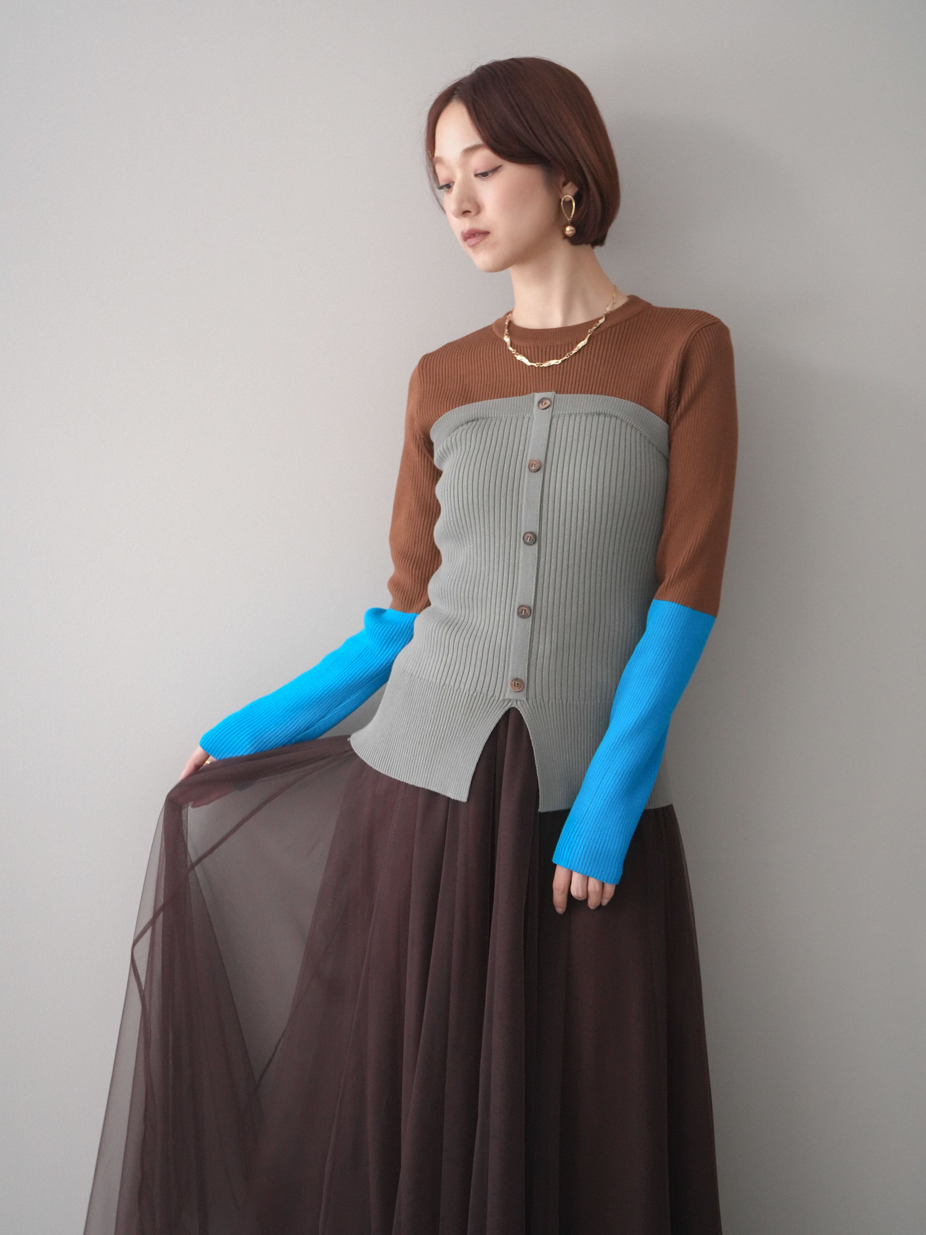 予約]配色ビスチェドッキングリブニットトップス/brown – Lumier