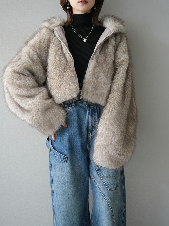 [予約]フェイクファーショートZIPジャケット/beigemix