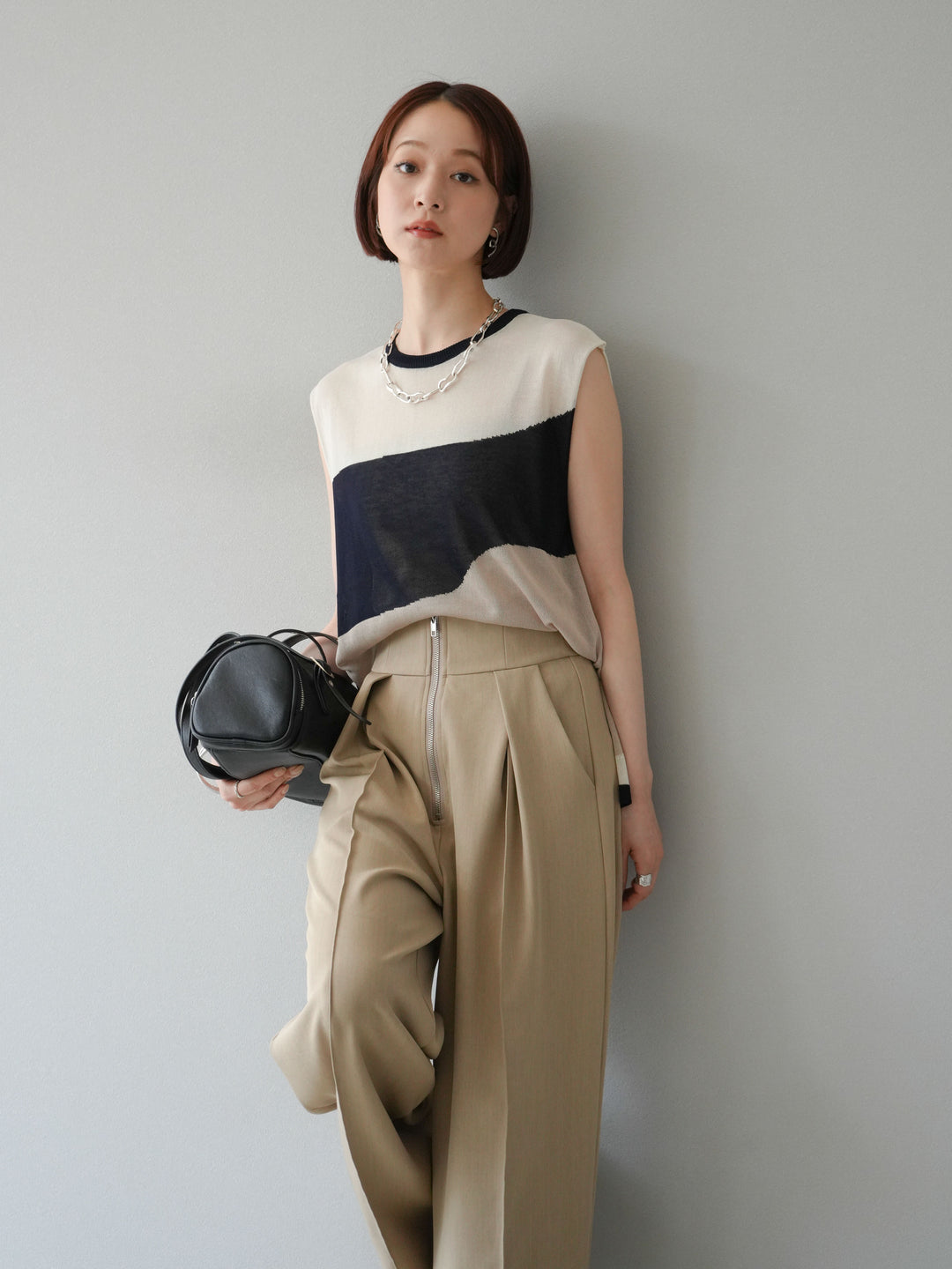 [SET]バイカラーシアーニットノースリーブ+ジップタックワイドパンツ(2set)