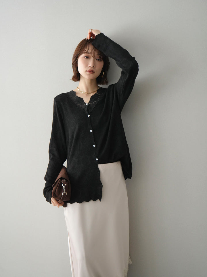 [SET]レースネックジャガードニットカーディガン+センターシームフレアパンツ(2set)