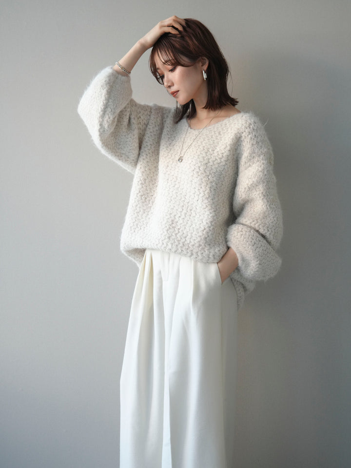 [予約]ウールタッチラメミックスヤーンVネックニットプルオーバー/ivory