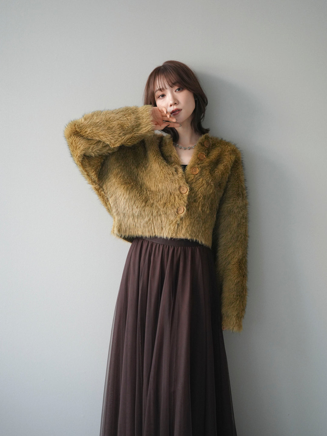 [予約]ミックスシャギーショートニットカーディガン/green