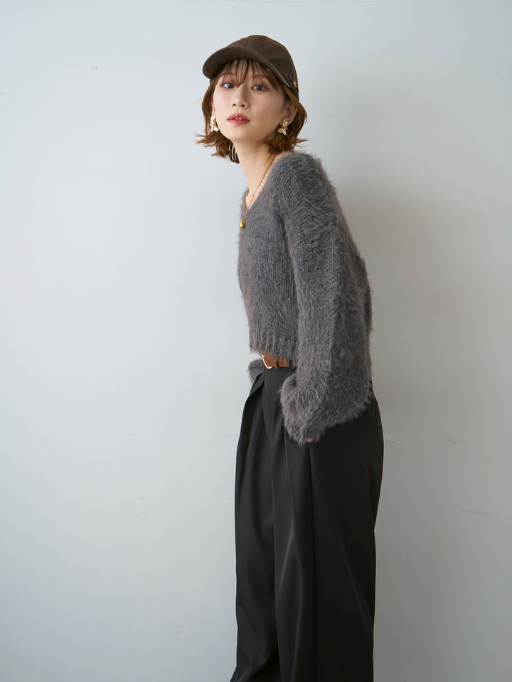 [SET]Vネックシャギークロップニットトップス+ツイルタックワイドパンツ(2set)