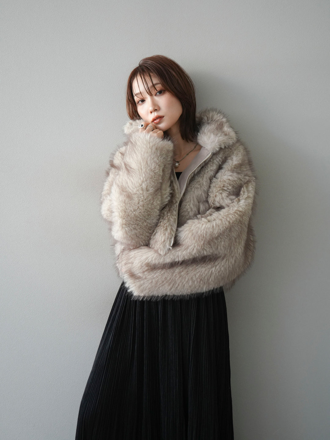 [予約]フェイクファーショートZIPジャケット/beigemix