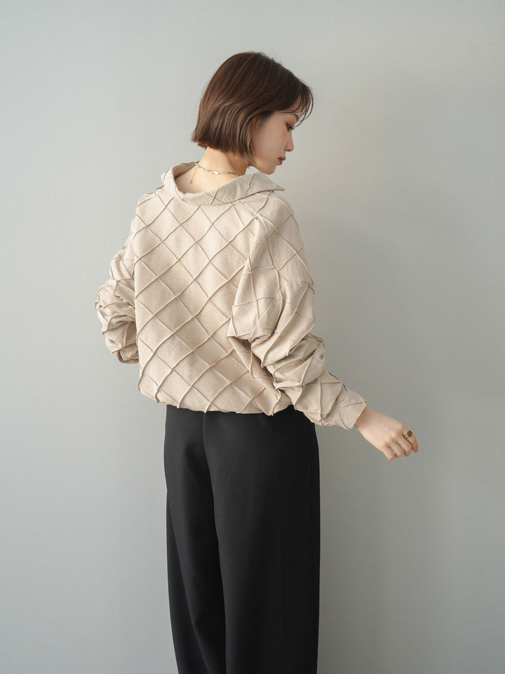 [SET]パイピングクロスデザインブラウス+編み込みベルト付タックワイドパンツ(2set)