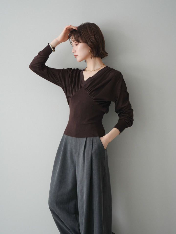 [予約]サイドギャザーVネックニットプルオーバー/brown