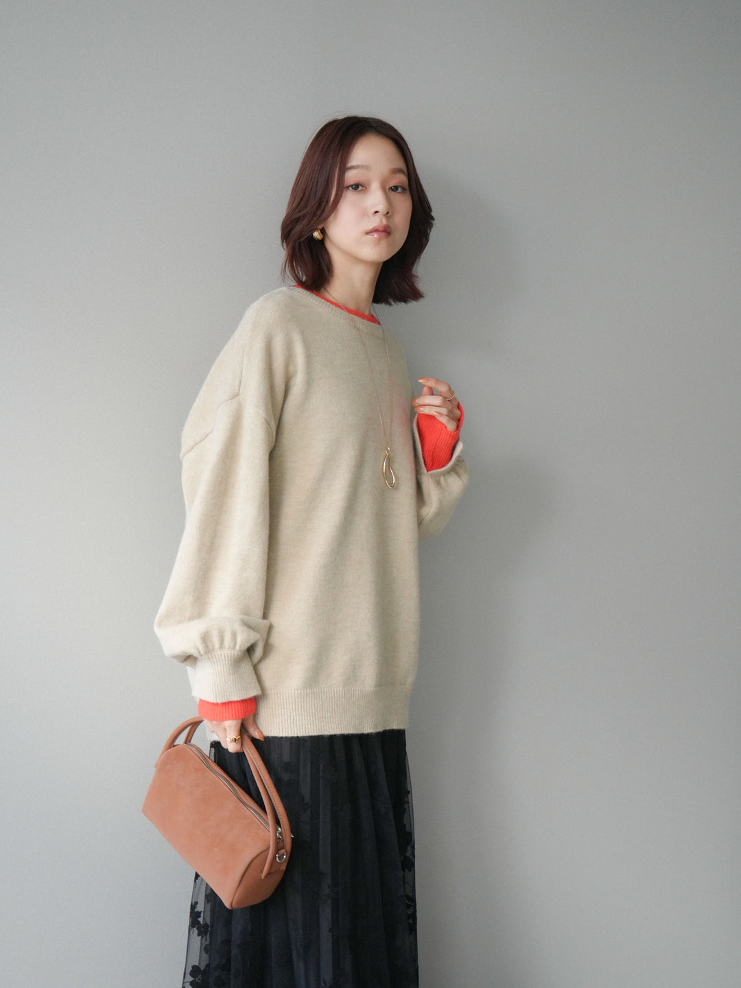 [SET]ヘンリーネック配色レイヤードニットプルオーバー+フラワーフロッキーチュールプリーツスカート(2set)