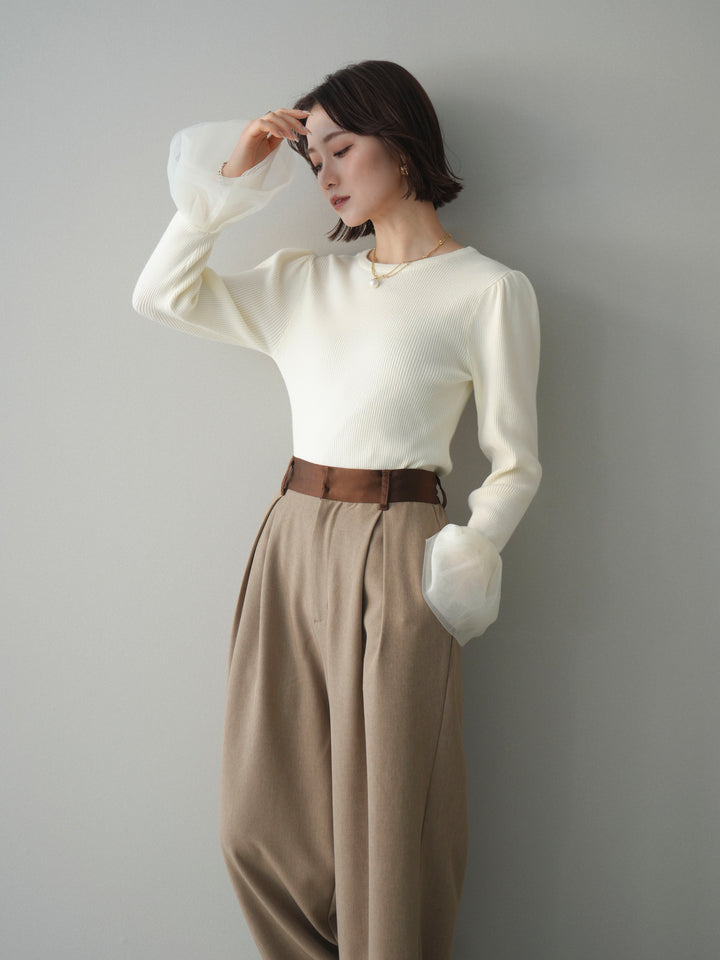 [SET]袖チュールパワショルリブニットトップス+選べるアクセセット(2set)