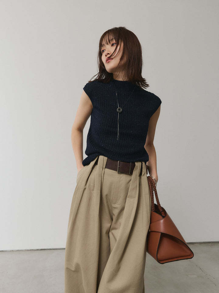 【Allure】[SET]ミックスヤーンデザインリブフレンチスリーブニット+ベルト付ダブルループワイドパンツ(2set)