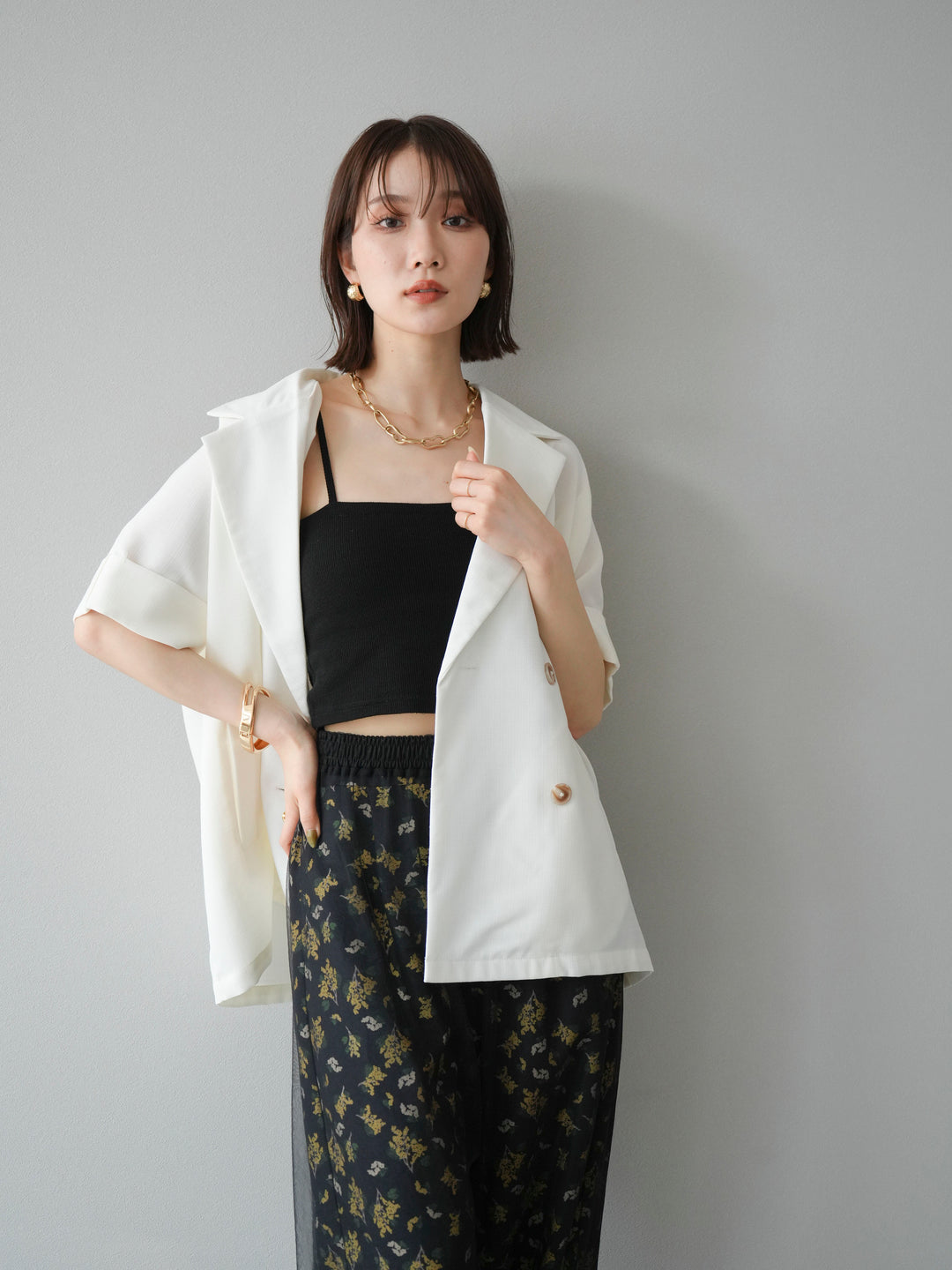[SET]リネンライクハーフテーラードジャケット+コード刺繍チュールレイヤードパンツ(2set)