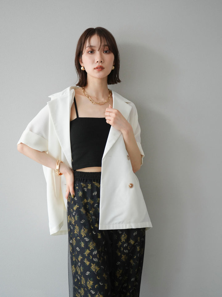 [SET]リネンライクハーフテーラードジャケット+コード刺繍チュールレイヤードパンツ(2set)