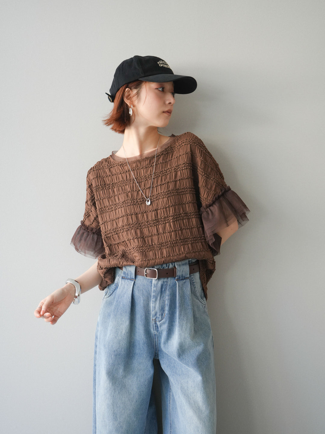 [予約]チュール袖リップルトップス/brown