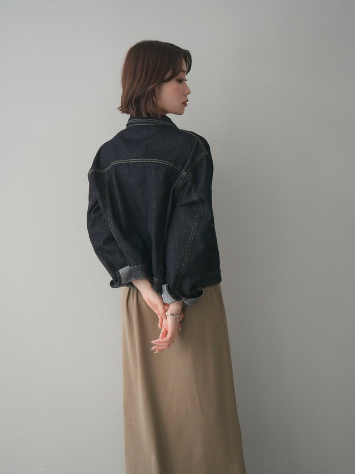 [SET]配色レイヤードヘンリーネックカットリブワンピース+配色ステッチデニムジャケット(2set)