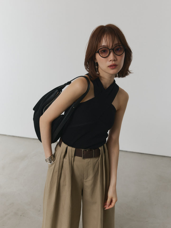 【Allure】[SET]クロスリブニットタンクトップ+ベルト付ダブルループワイドパンツ(2set)