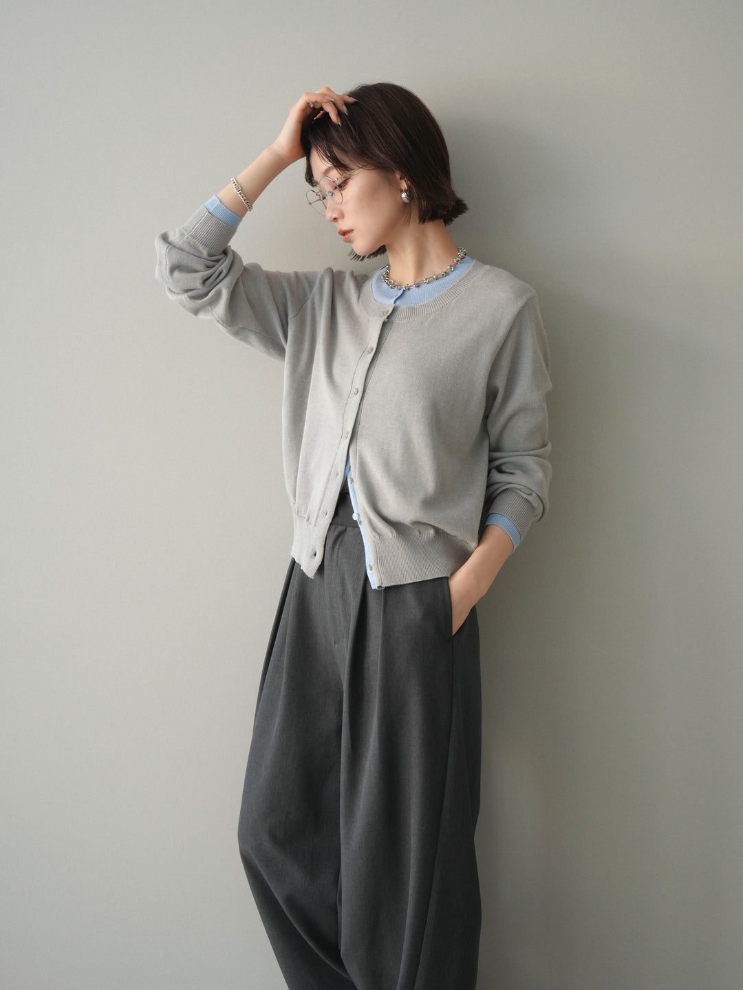 [予約]配色レイヤードコットンアクリルニットカーディガン/mokugray