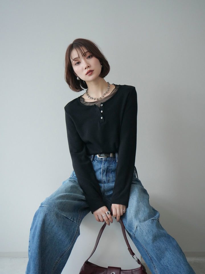 [予約]チュールレイヤードヘンリーネックカットソー/black