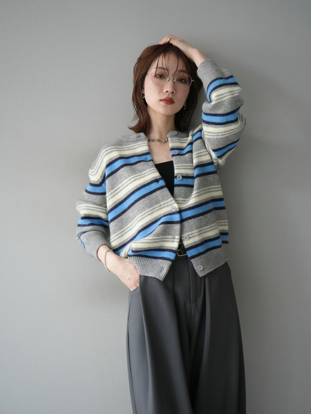 [SET]マルチボーダーニットカーディガン+ベルトループデザインワイドパンツ(2set)