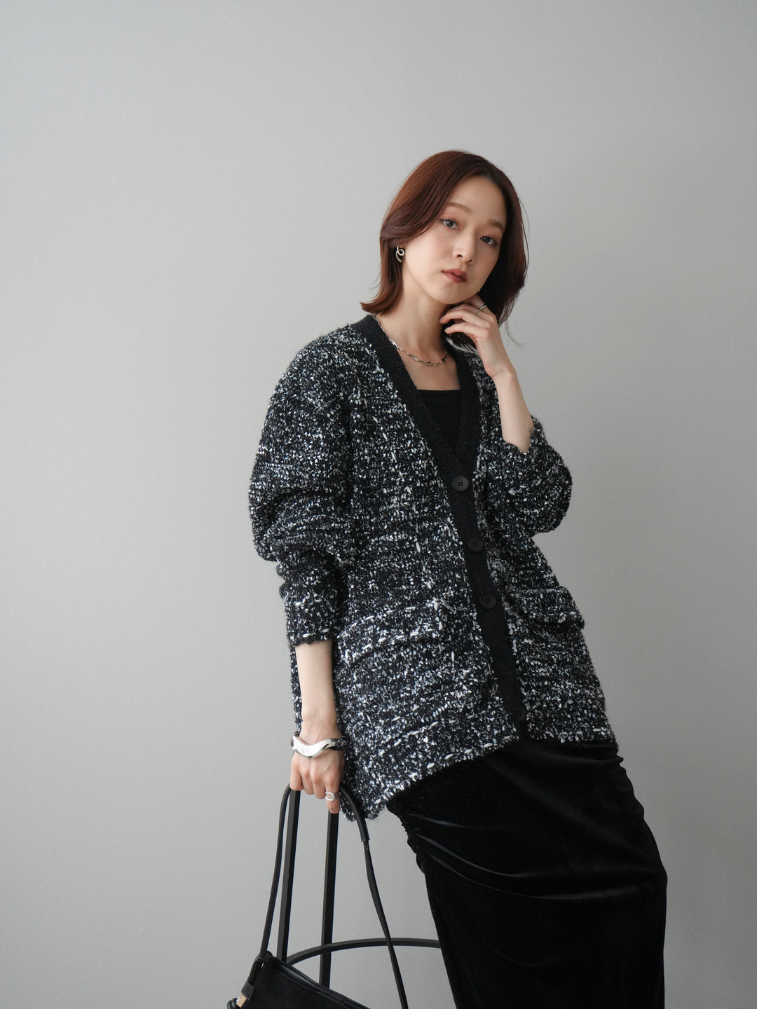 [SET]モールネップニットカーディガン+ギャザーベロアスカート(2set)