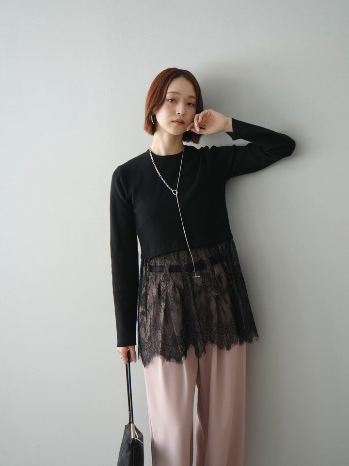 [SET]クルーネックレースドッキングリブニットトップス+ベルト付キーホルダーモチーフワイドパンツ(2set)