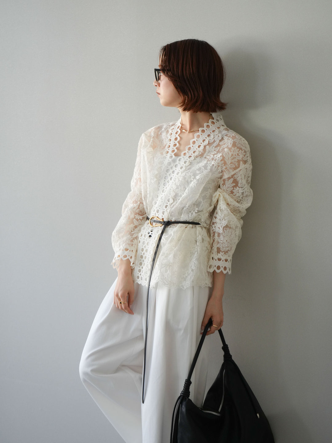 [予約]カットワークレースシアーブラウス/white