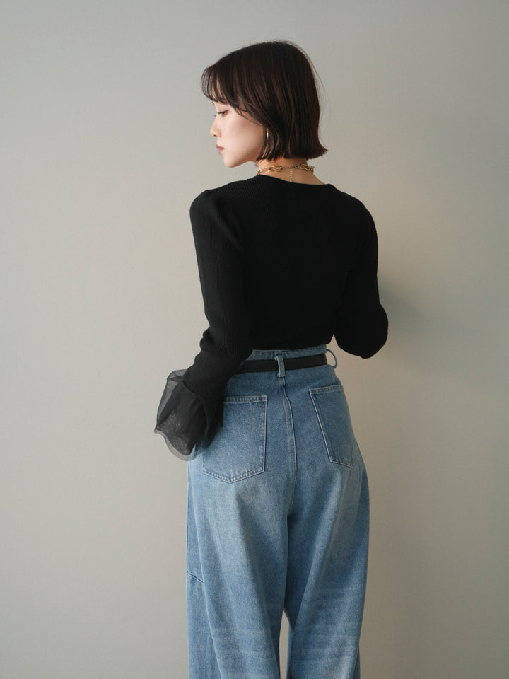 [SET]袖チュールパワショルリブニットトップス+ハイウエストベルトループデザインデニムパンツ(2set)