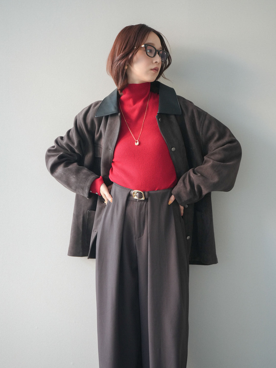 [SET]襟レザーステンカラースエードジャケット+袖ボタンボトルネックリブニットトップス+ベルトループデザインワイドパンツ(3set)