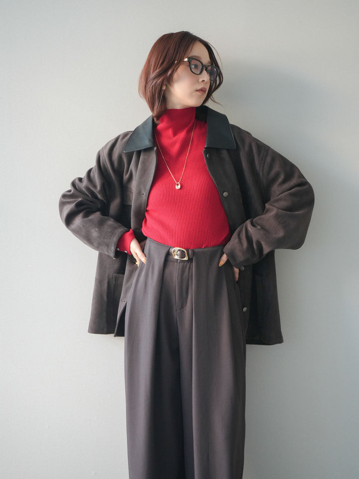 [SET]襟レザーステンカラースエードジャケット+袖ボタンボトルネックリブニットトップス+ベルトループデザインワイドパンツ(3set)
