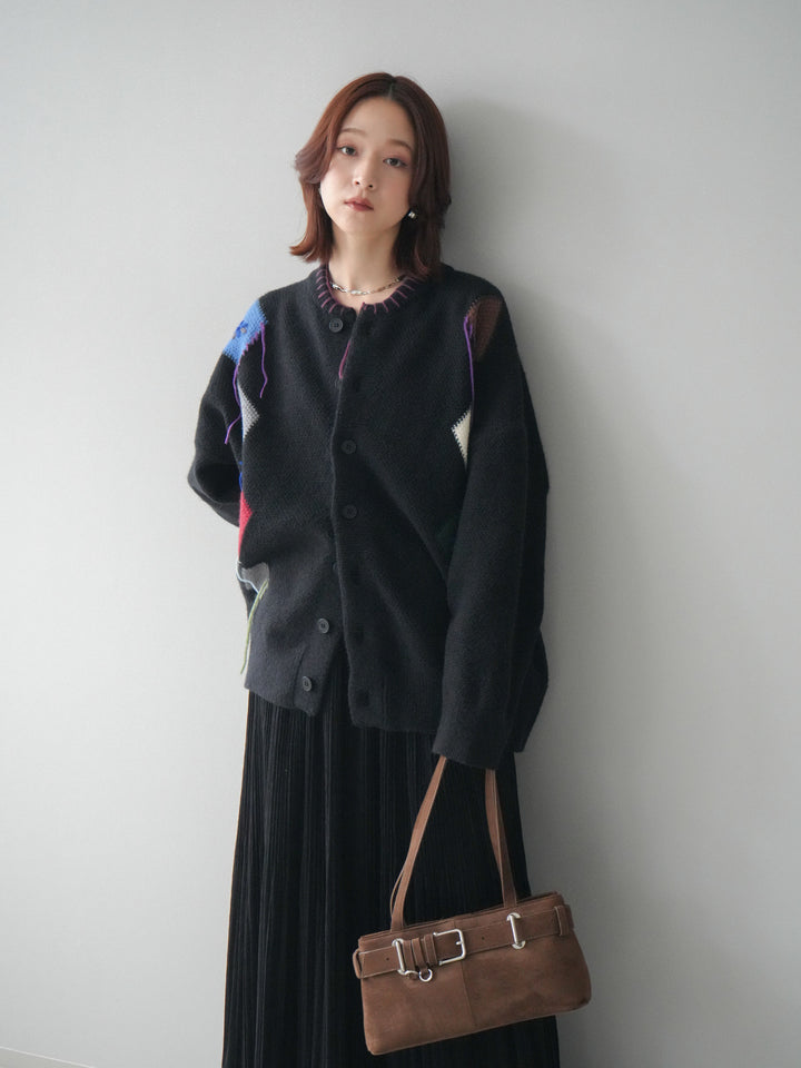 [SET]ハンドステッチアーガイルデザインニットカーディガン+裾レーススウェードプリーツマキシスカート(2set)