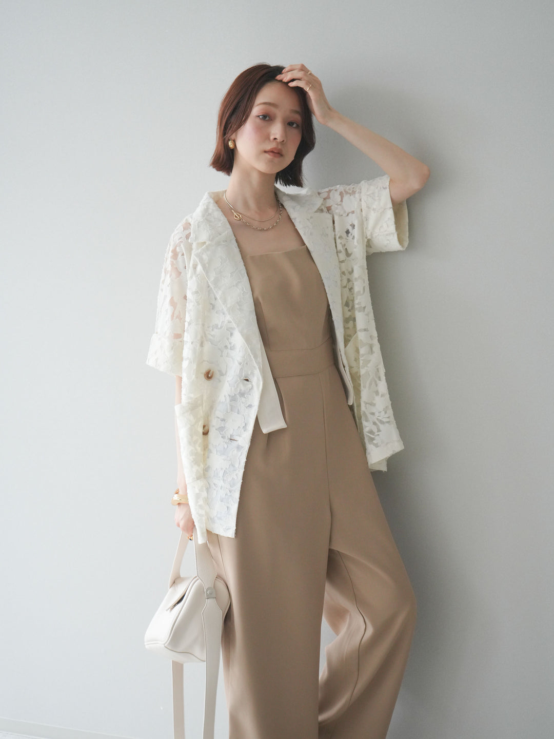 [予約]ショルダーリボンサロペット/beige