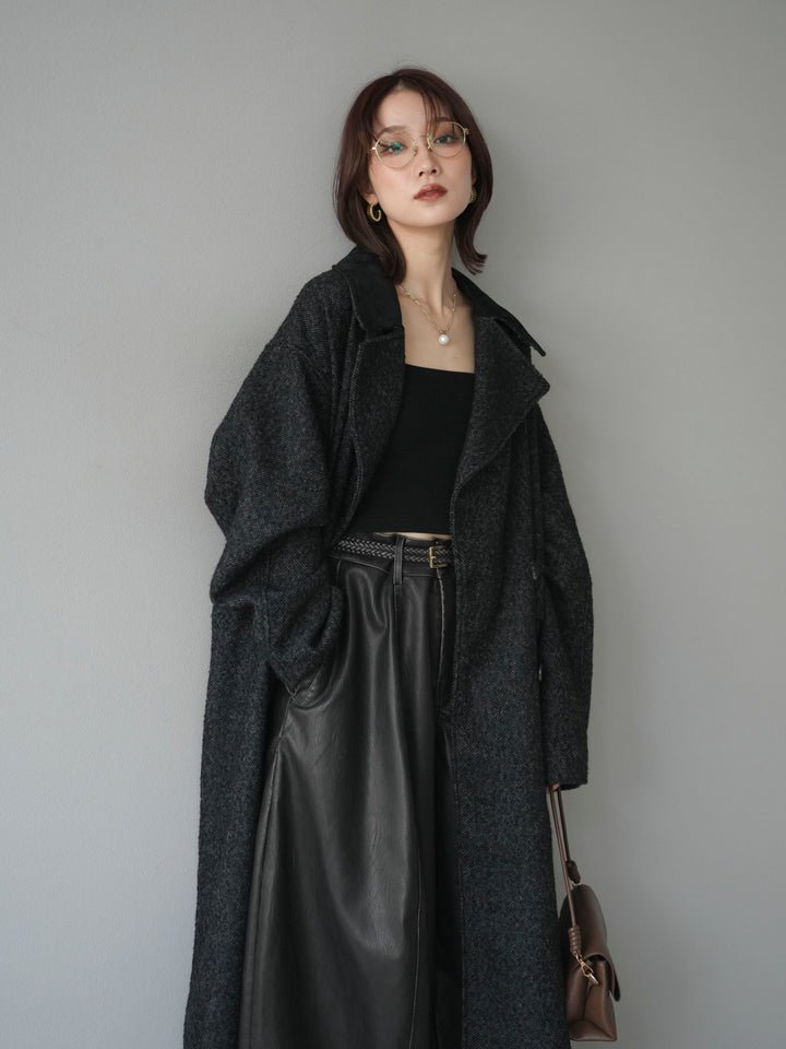 [予約]ネップヘリンボーンレザー襟チェスターコート/black