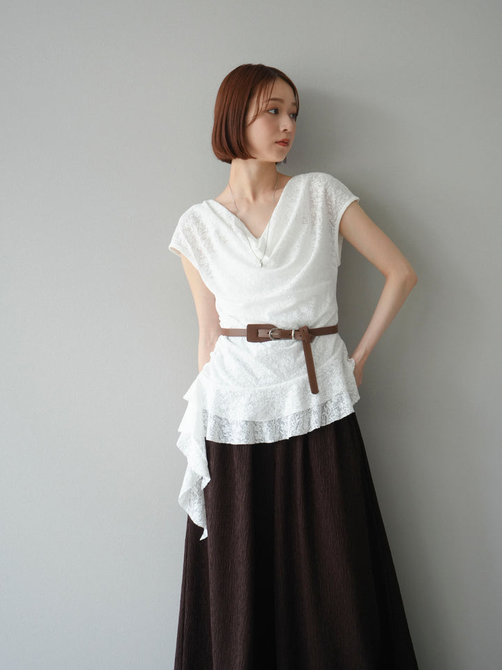 [予約]ベルト付ドレープデザインレーストップス/ホワイト