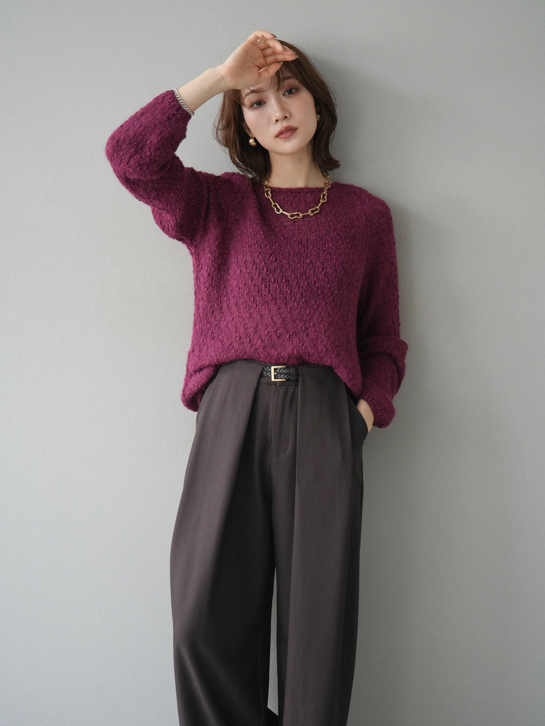 【着回しセット】[SET]求心柄クロップドニットカーディガン+異素材ミックスヤーンニットプルオーバー+ベルトループデザインワイドパンツ(3set)