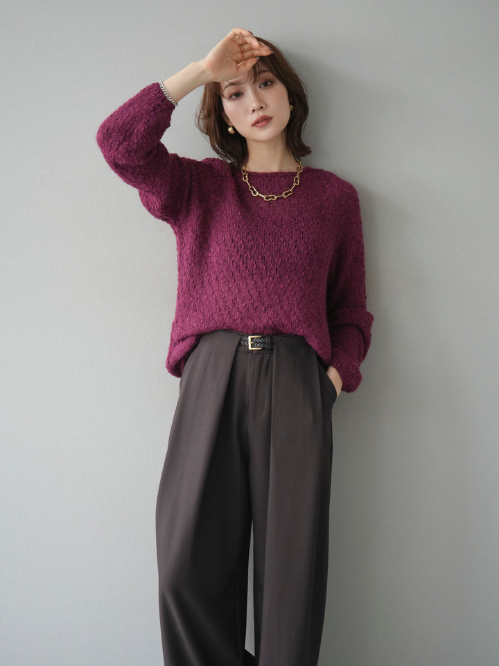 【着回しセット】[SET]求心柄クロップドニットカーディガン+異素材ミックスヤーンニットプルオーバー+ベルトループデザインワイドパンツ(3set)