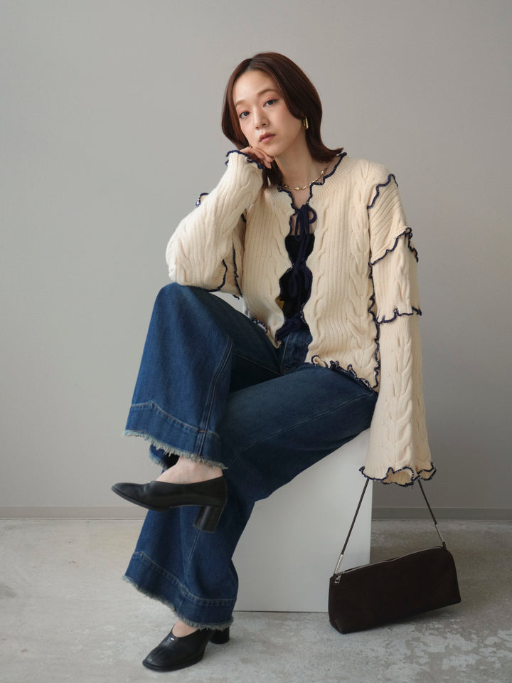 [SET]フロントリボン配色メローニットカーディガン+裏起毛裾フリンジワイドデニムパンツ(2set)
