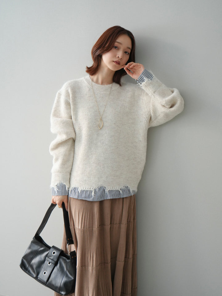 [SET]裾シャツレイヤードダメージニットプルオーバー+裾シャツレイヤードダメージニットプルオーバー(2set)