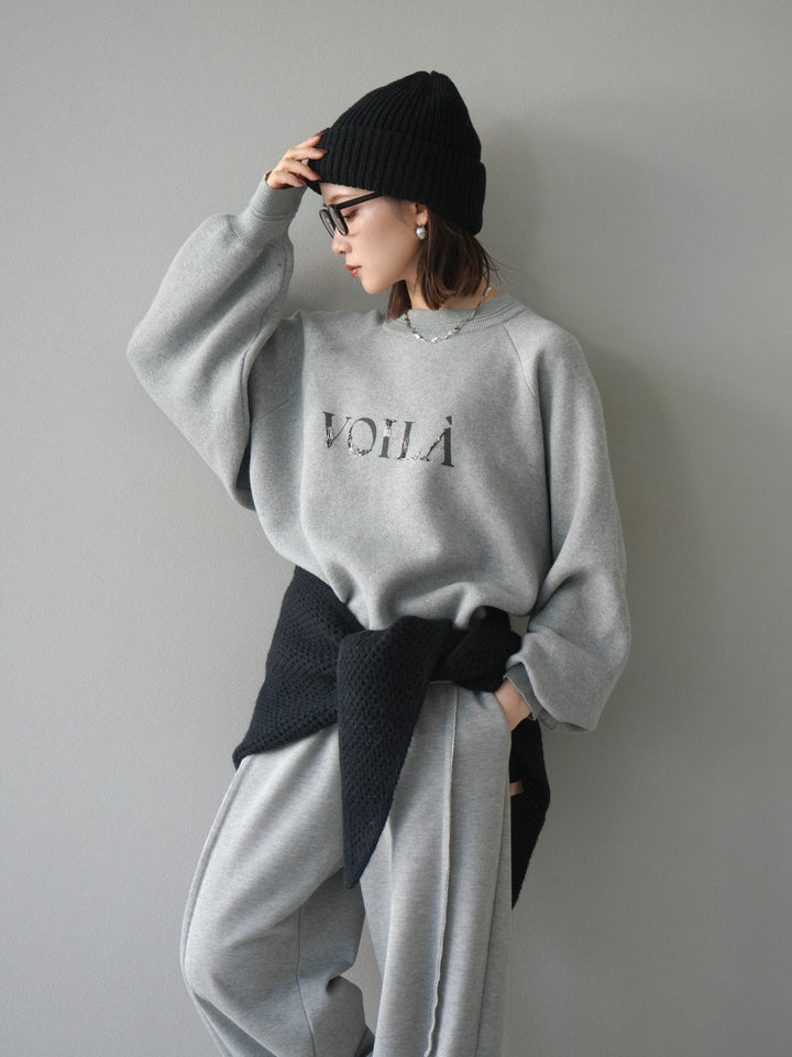 [予約]スウェットライクビーズロゴ刺繍ニットプルオーバー/mokugray